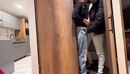 We touch each other's pussies in the closet without anyone noticing