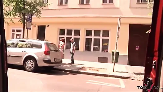 Busty glasses girl invites amateur guy for fucking in the Van