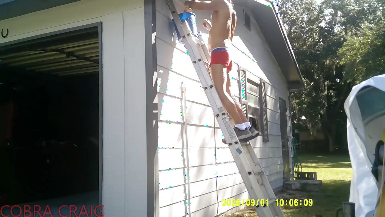 9-1-2026 COBRA CRAIG PAINTS IN HIS TINY RED SHORTS. 64YO. IN THE HEAT AND HUMIDITY.  ROCKS IT