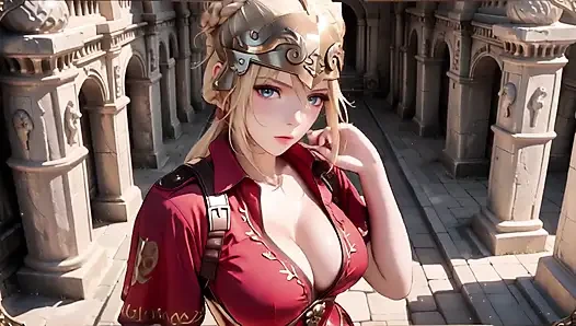 Red Armor Queen! Forbidden Gaze in the Roman Corridor, Skirt Lift Reveal, Hand on Lips Teasing You...