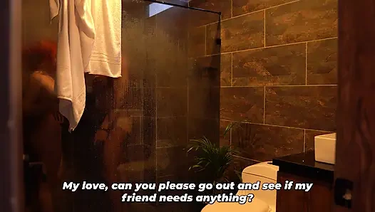I'm secretly fucking my friend's shameless wife in the bathroom while he's showering.