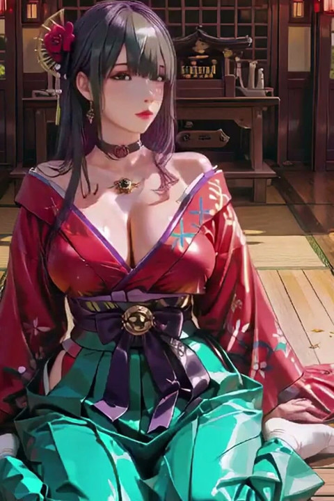Dimineața privată a fetei cu kimono cu păr violet! Roșu și Verde Clash este nebunie.