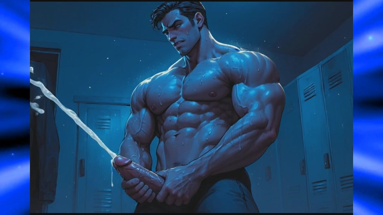 Muscular cartoon guys busting loads at the gym
