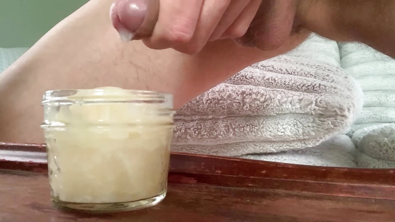 Fillingup jar with cum for wifey to swallow
