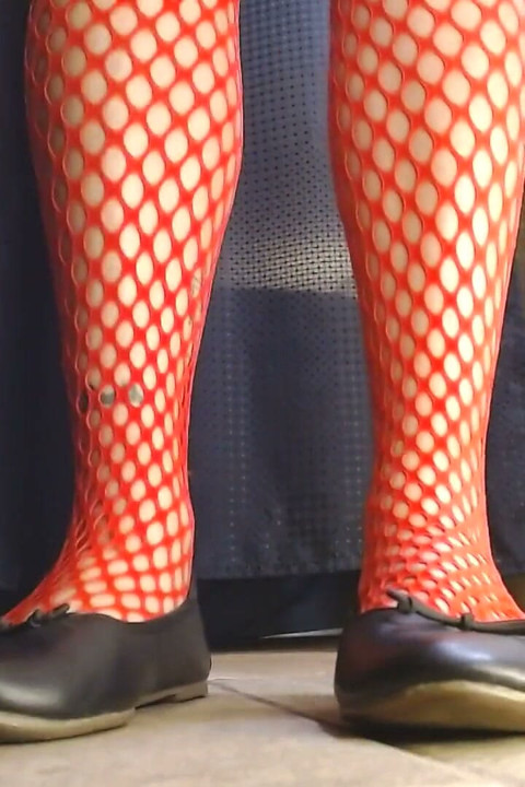 Red Fishnets Ballet Flats Shoeplay Dipping Toe Wiggling