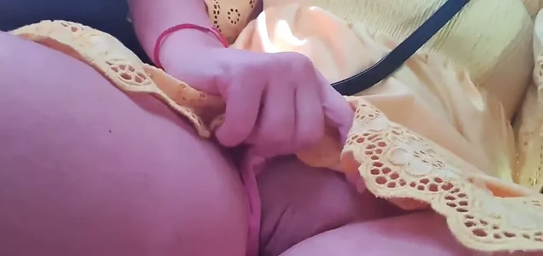 Horny baby in taxi touching her wet pussy