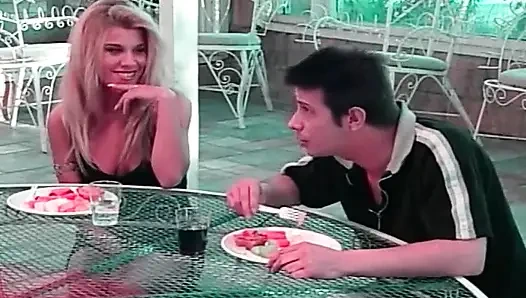 Blonde Seductress at the Patio Table: Hot Oral Fun