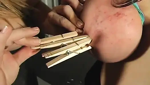 Juggy blond fem dom female parent sticks clothespins on fat brunettes tits