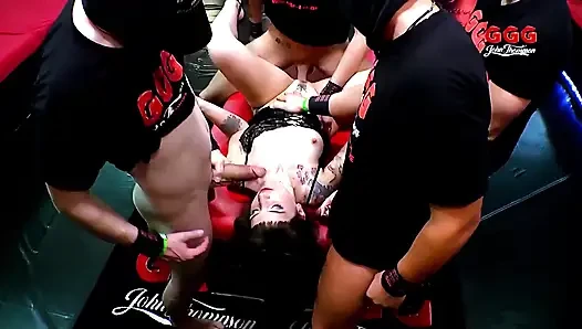 Brunette Slut Gangbanged and Bukkake-covered by Multiple Cocks