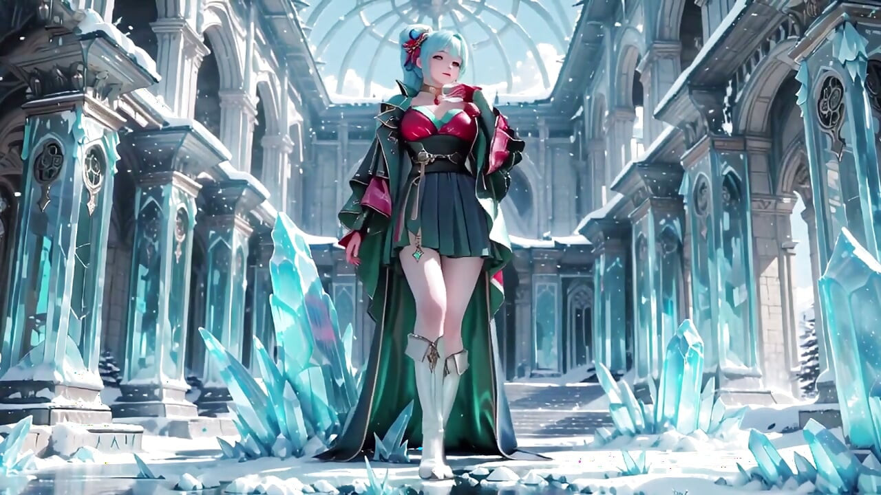 Ice Throne! Silver-haired Mage in Red-green Gown Kneeling, Blue-haired Partner Teasing in Realm!