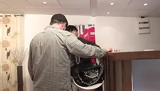 Sexy brunette slut fucks horny old white man