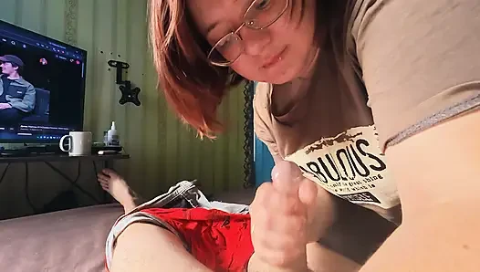 Close Up 4K Amateur Girlfriend Blowjob Curvy Brunette with Glasses Sucks and Strokes Cock