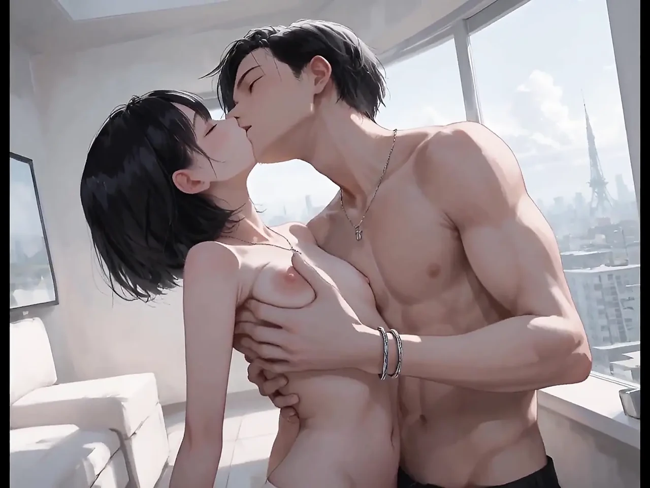 A Sensual Night Unfolds on the Top Floor of a Great-rise Apartment Building with a Beautiful Girl with Black Hair.