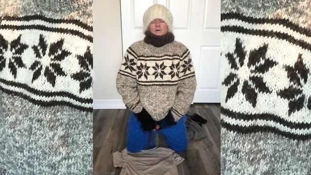 Mohair Wool Turtleneck Sweater Jumper Fetish, sweatpants, wool mittens, white mohair cap