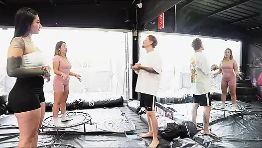 Coach gets excited when he sees our huge asses go up and down and we end up having a threesome with my friend