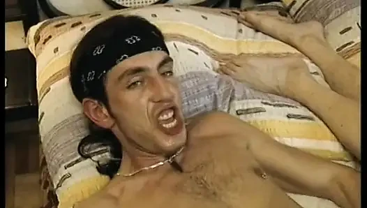 Hairy blonde mature gets spitroasted in a threesome