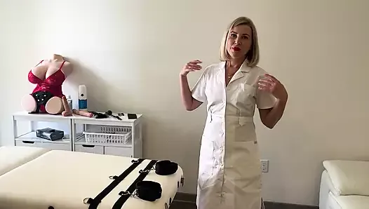 Blond milf tries out the blowjob machine on a dude in a mask