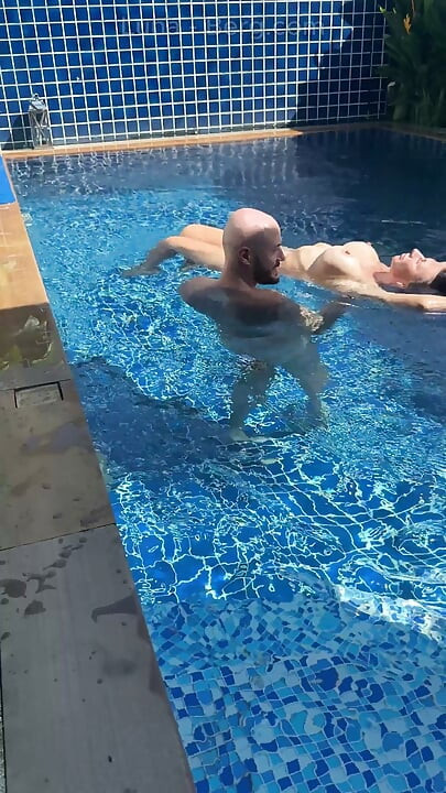 Pool Day: Busty Wife Having Fun with Her Lover. Big Tits, Sun and Big Cock
