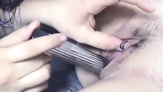 Horny chunky brunettes use vibrators in bed