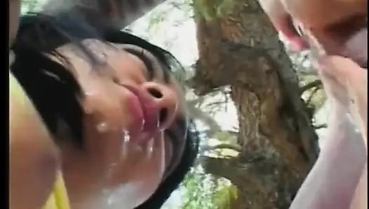 Lucky Biker Guy Eats Tiny Brunette's Wet Deep Tight Pussy Outside