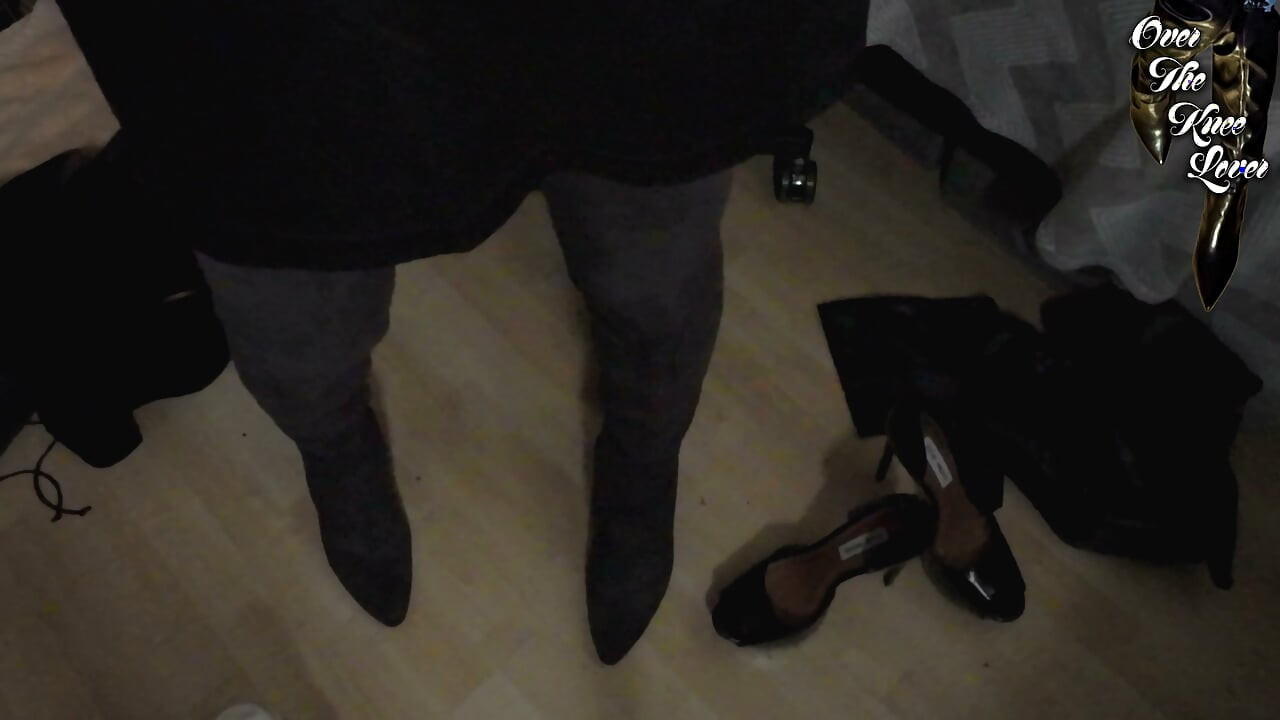crossdresser autoblows in a leather dress and suede thigh high boots