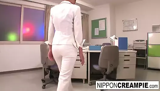 Young new office intern gets initiated with two hard cocks