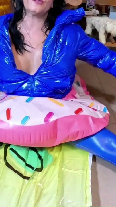 Dominant MILF Leather Pants and Glossy Downjacket. Air Mattress, Beach Ball Popping and Cum Play | Clip 1