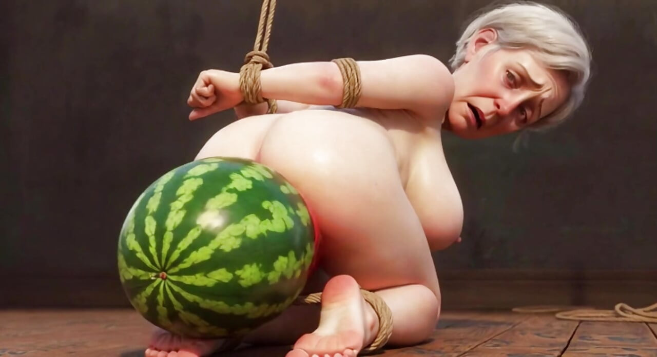 Old Granny Bound with Huge Watermelon in Ass - Hurt & Orgasm