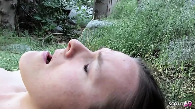 Blonde Teen with Saggy Tits and Hairy Pussy Caught Having Lesbian Sex Outdoors