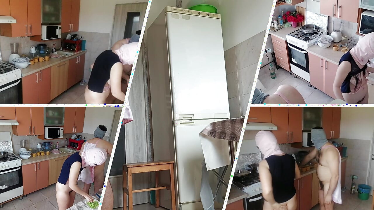 Amateur couple having fun in the kitchen. A sexy hairy brunette does the housework naked.