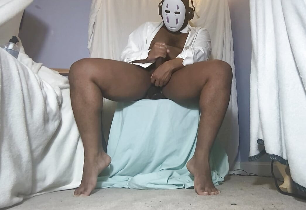 Masked Black Man Jerking Out A Moaning Cumshot In Work Shirt