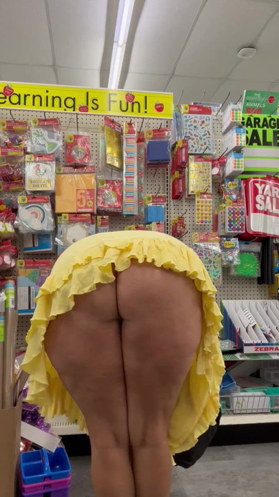 Having fun at stores not wearing panties