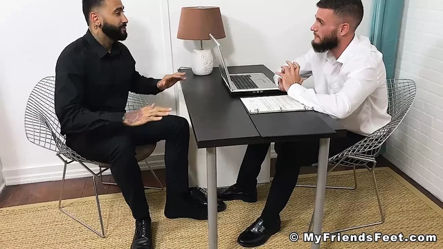 Bearded studs worship feet mutually and masturbates together