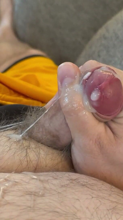 Hairy Fat Chubby Bear masturbates his uncut cock on sofa | Clip 2