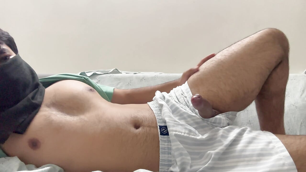 Masked Desi Twink Jerks Off in Bed and Cums