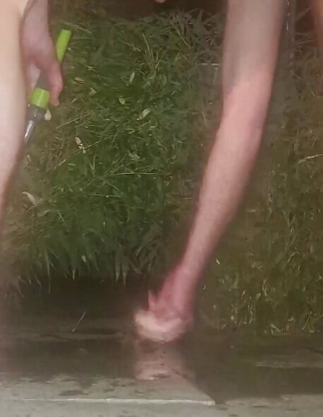 Clean pressure enema with ass lips and pissing - Outdoor garden hose anal