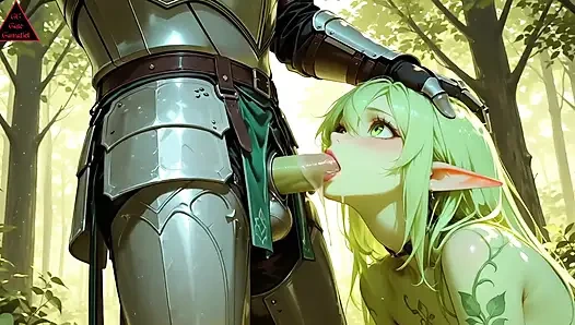 Voyeur knight beobachtet, wie nymphe ihre nasse muschi berührt. Dann zieht sie ihn rein für harten, tropfenden waldfick (KI generiert)