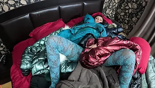 Shiny Downjacket Fetish MILF. Multiple Jackets, Rough Fuck and Cum All Over My Coat