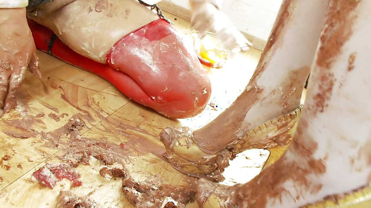 Brunette and redhead sluts with a food fetish fuck on the floor