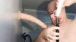 Deepthroat 5 huges dildos 7 to 14 inch , gag ring and injecting lot of lube
