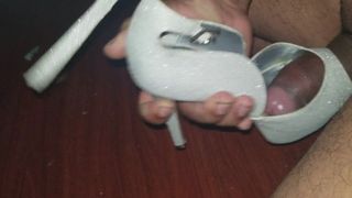 Fuck and cum in peep toe pump heels