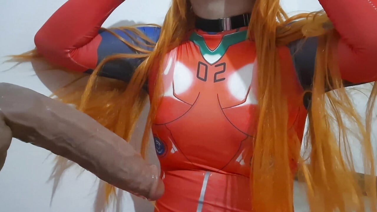 Pretty Trans Asuka Eating Cum and Giving a Blowjob to a Dildo while she uses a Extreme BDSM Nosehook