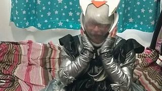 Silver PVC Sissy Maid Eva Helmet RingGag Breathplay Kigurumi