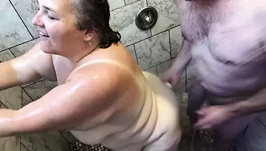 Showering with my Mature BBW MILF with Saggy Tits, Belly TnD