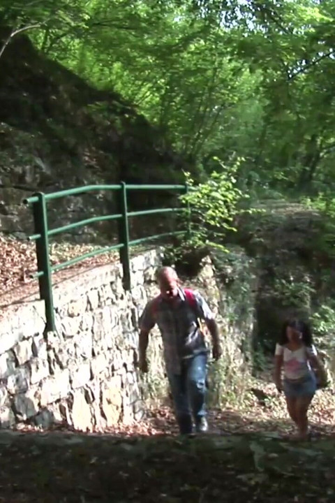 Old trainer misuse of a young hiker in the woods