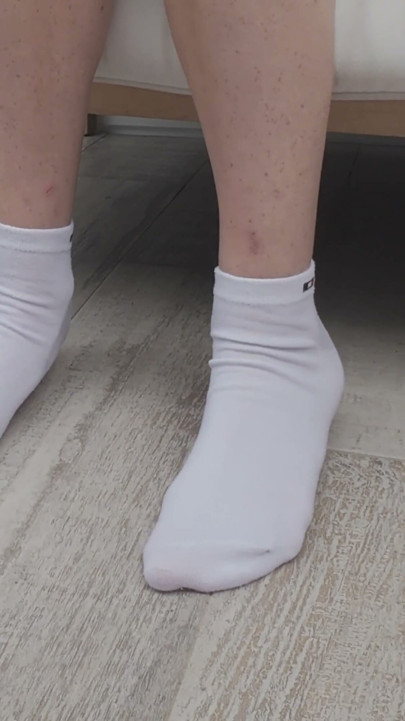 White Ankle Sock Tease and Barefoot Reveal