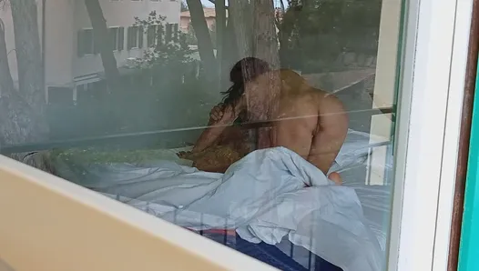 I caught my hot milf neighbor giving a blowjob in front of the open window, she's so good at making a cock hard
