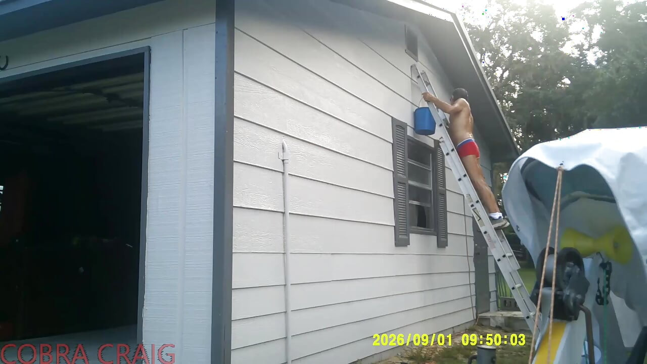 9-1-2026 COBRA CRAIG PAINTS IN HIS TINY RED SHORTS. 64YO. IN THE HEAT AND HUMIDITY.  ROCKS IT