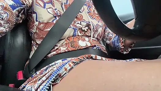 Beautiful wife gets horny in her car and puts her hand in her panties and rubs her pussy in public