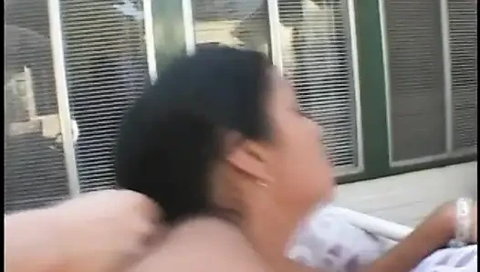 Man drills sexy slut in heels on patio